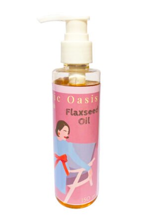 Herbal flaxseed hair oil in clear bottle with white pump cap