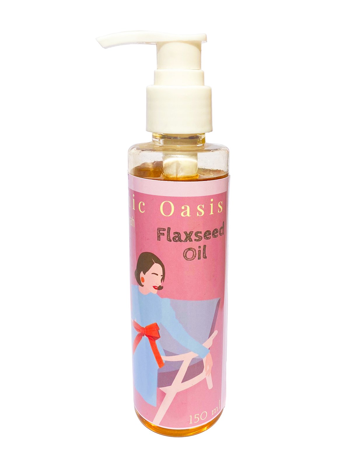 Herbal flaxseed hair oil in clear bottle with white pump cap
