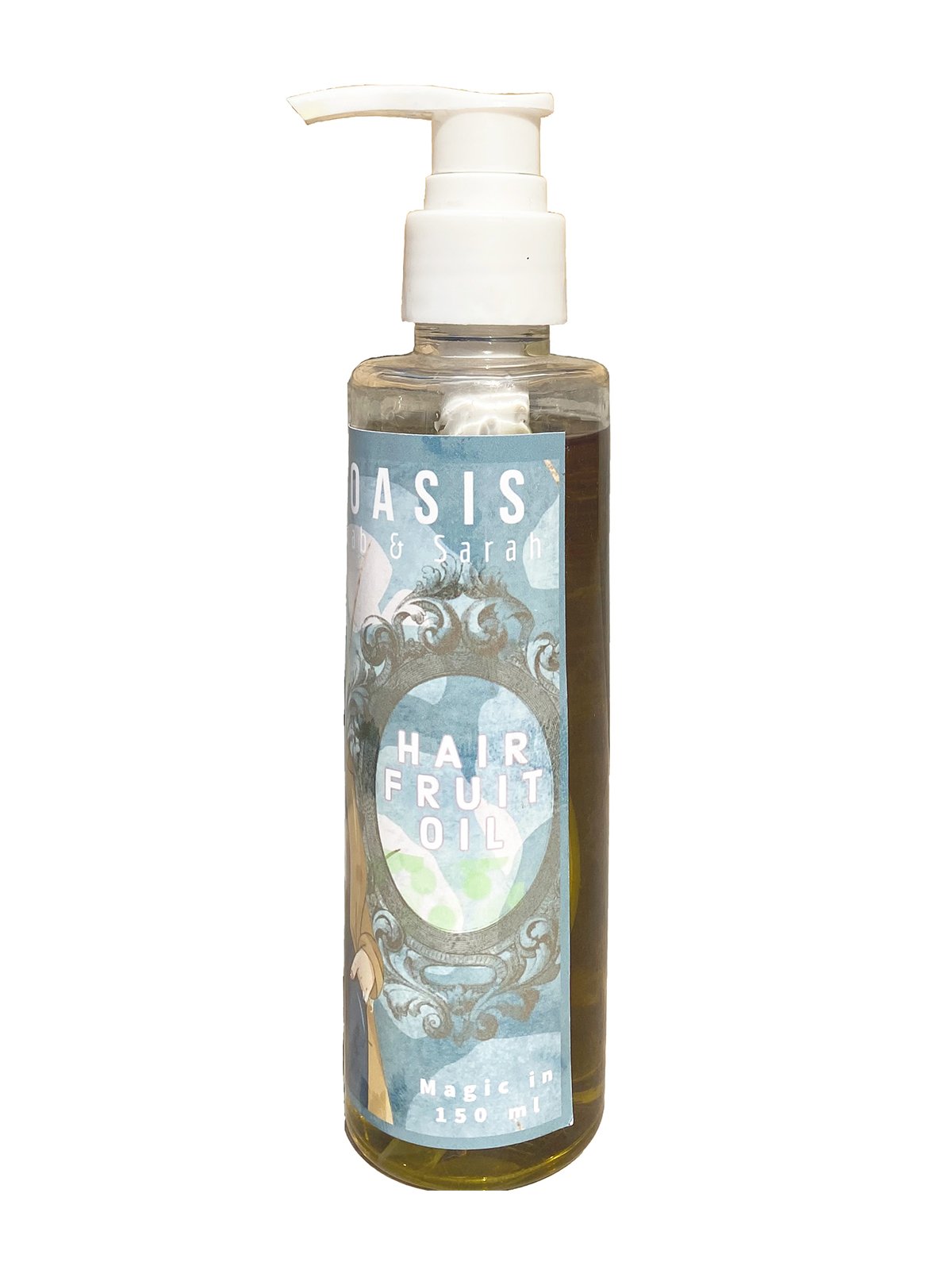 Herbal hairfruit oil in clear bottle with white pump cap