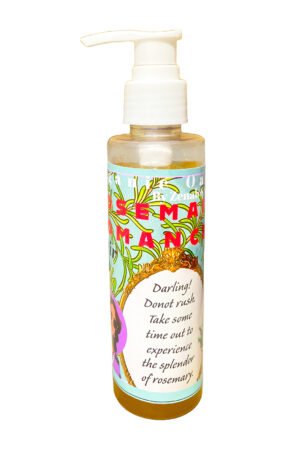 Herbal rosemary romance hair oil in clear bottle with white pump cap