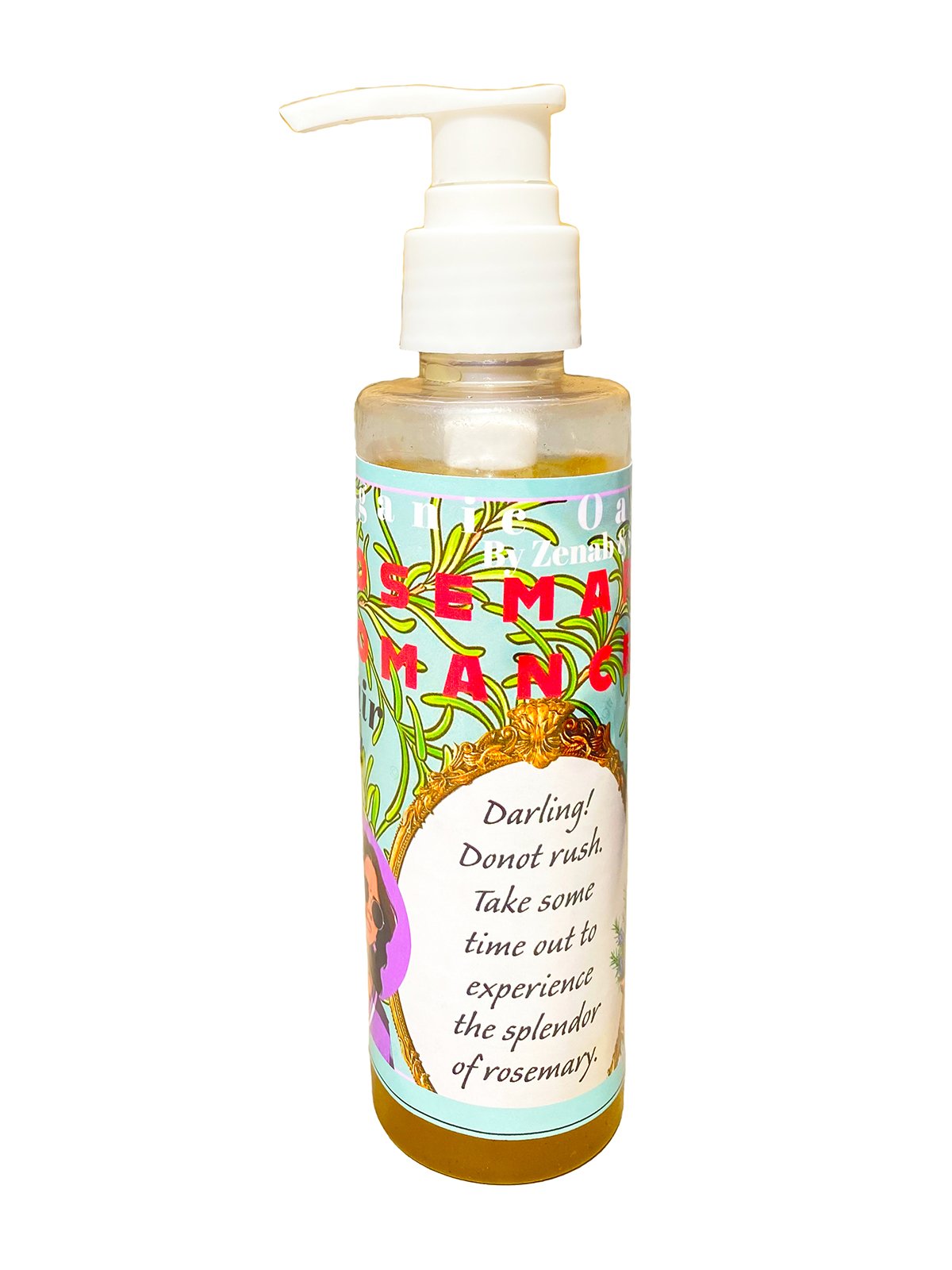 Herbal rosemary romance hair oil in clear bottle with white pump cap